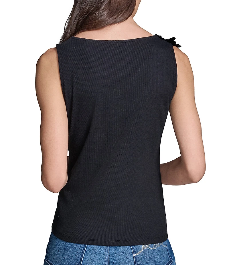 KARL LAGERFELD PARIS Knit Square Neck 3D Floral Sleeveless Tank