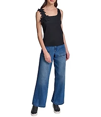 KARL LAGERFELD PARIS Knit Square Neck 3D Floral Sleeveless Tank