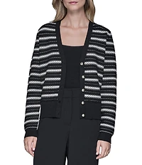 KARL LAGERFELD PARIS Knit Stripe V-Neck Long Sleeve Cardigan