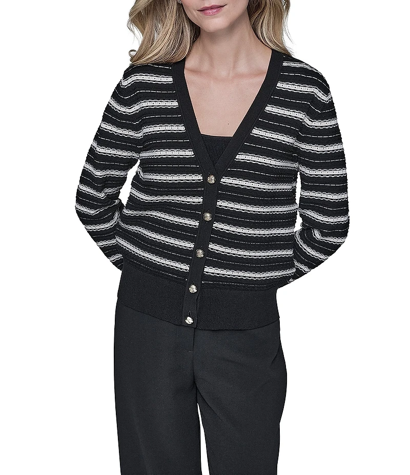 KARL LAGERFELD PARIS Knit Stripe V-Neck Long Sleeve Cardigan