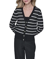 KARL LAGERFELD PARIS Knit Stripe V-Neck Long Sleeve Cardigan