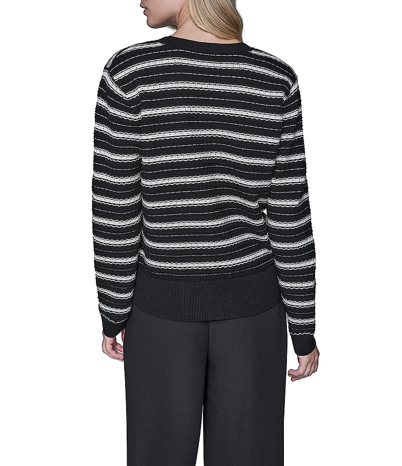 KARL LAGERFELD PARIS Knit Stripe V-Neck Long Sleeve Cardigan