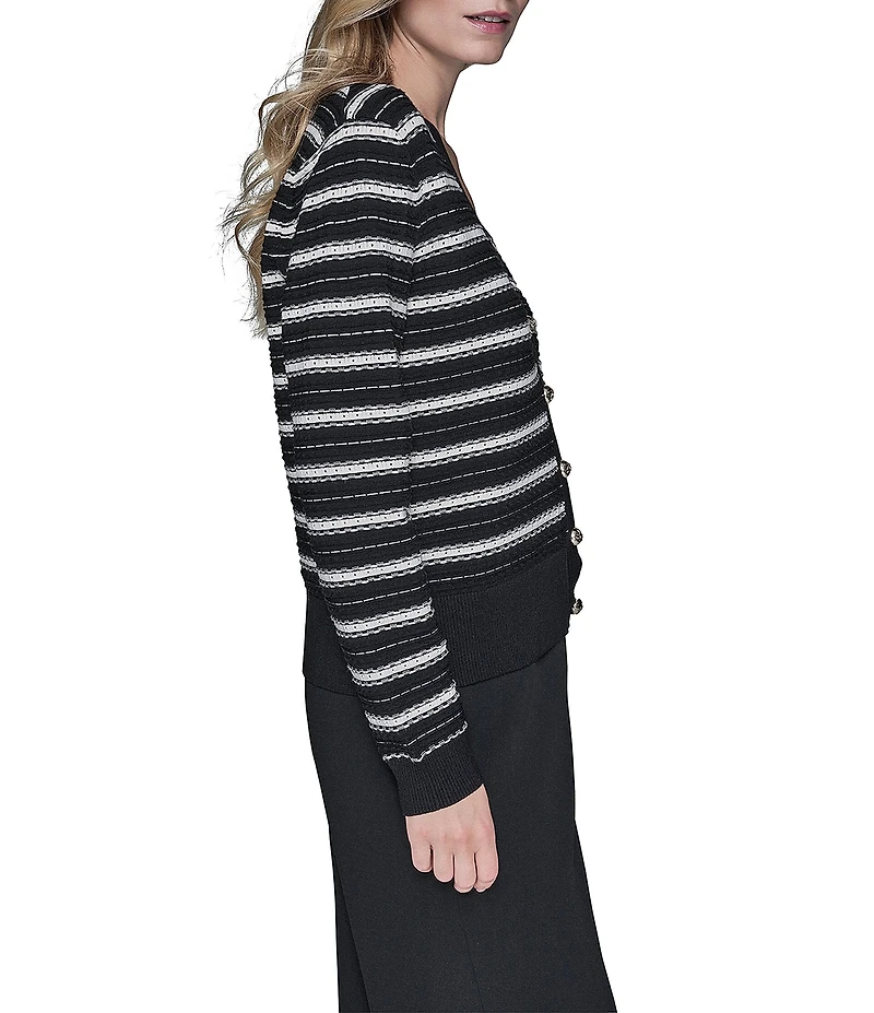 KARL LAGERFELD PARIS Knit Stripe V-Neck Long Sleeve Cardigan