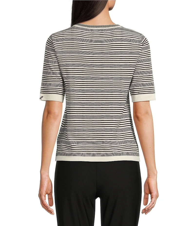 KARL LAGERFELD PARIS Knit Stripe Crew Neck Short Sleeve Contrast Trim Sweater