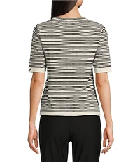 KARL LAGERFELD PARIS Knit Stripe Crew Neck Short Sleeve Contrast Trim Sweater
