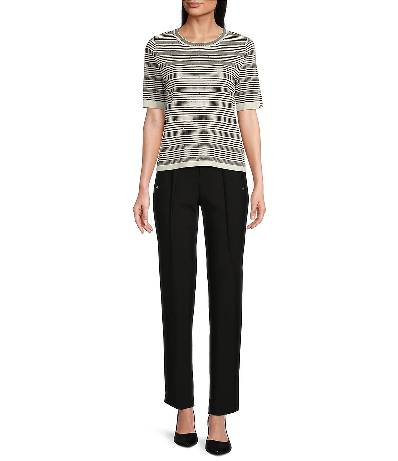 KARL LAGERFELD PARIS Knit Stripe Crew Neck Short Sleeve Contrast Trim Sweater