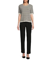 KARL LAGERFELD PARIS Knit Stripe Crew Neck Short Sleeve Contrast Trim Sweater