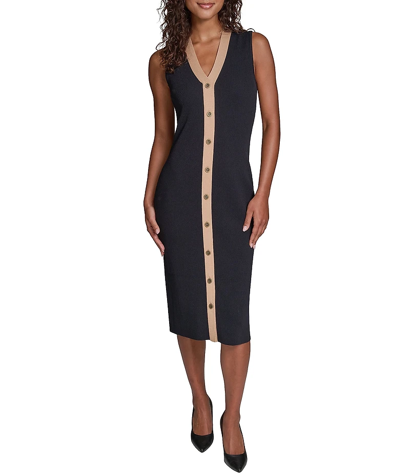 Karl Lagerfeld Paris Knit Sweater V-Neck Sleeveless Midi Dress