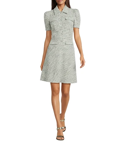 KARL LAGERFELD PARIS Knit Tweed A-Line Collar Pearl Rhinestone Button Short Dress