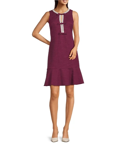 KARL LAGERFELD PARIS Knit Tweed Flounce Hem Pearl Trim A-Line Dress