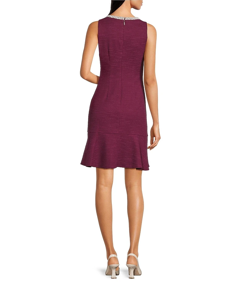 KARL LAGERFELD PARIS Knit Tweed Flounce Hem Pearl Trim A-Line Dress