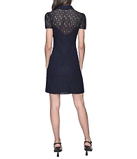 KARL LAGERFELD PARIS Lace Point Collar Neck Short Sleeve Button Front Shirt Mini Dress