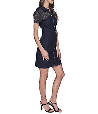 KARL LAGERFELD PARIS Lace Point Collar Neck Short Sleeve Button Front Shirt Mini Dress
