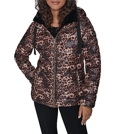KARL LAGERFELD PARIS Leopard Print Stand Collar Hooded Zip Front Puffer Jacket