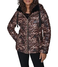 KARL LAGERFELD PARIS Leopard Print Stand Collar Hooded Zip Front Puffer Jacket