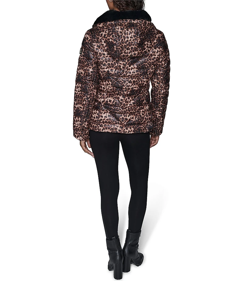KARL LAGERFELD PARIS Leopard Print Stand Collar Hooded Zip Front Puffer Jacket