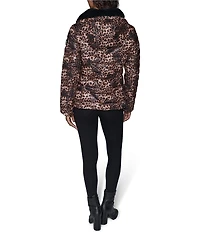 KARL LAGERFELD PARIS Leopard Print Stand Collar Hooded Zip Front Puffer Jacket