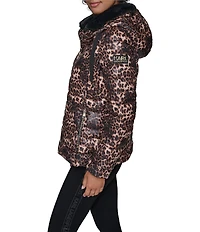 KARL LAGERFELD PARIS Leopard Print Stand Collar Hooded Zip Front Puffer Jacket