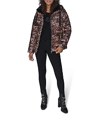 KARL LAGERFELD PARIS Leopard Print Stand Collar Hooded Zip Front Puffer Jacket