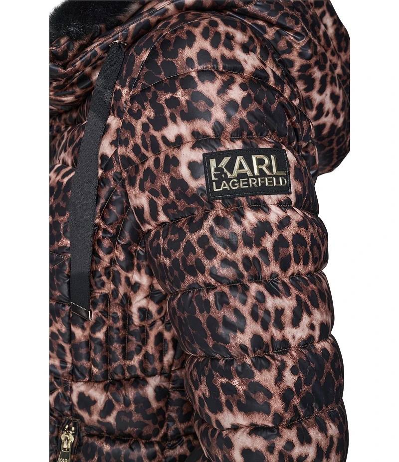 KARL LAGERFELD PARIS Leopard Print Stand Collar Hooded Zip Front Puffer Jacket
