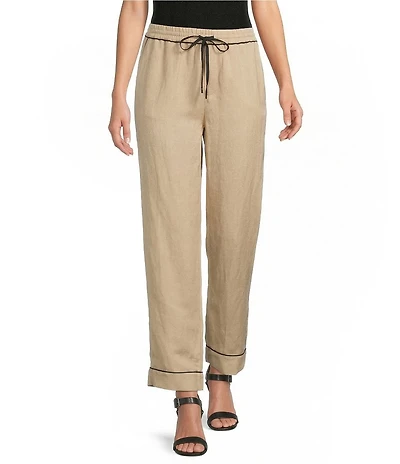 KARL LAGERFELD PARIS Linen-Blend Contrast Trim Drawstring Pull-On Pants