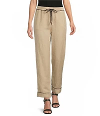 KARL LAGERFELD PARIS Linen-Blend Contrast Trim Drawstring Pull-On Pants
