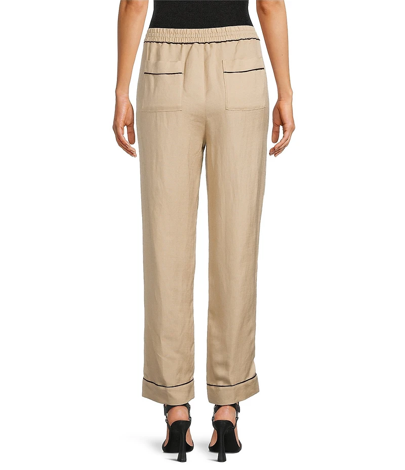 KARL LAGERFELD PARIS Linen-Blend Contrast Trim Drawstring Pull-On Pants