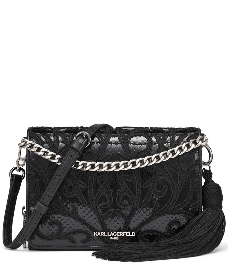 KARL LAGERFELD PARIS Lourdes Mixed Media Tassle Crossbody Bag