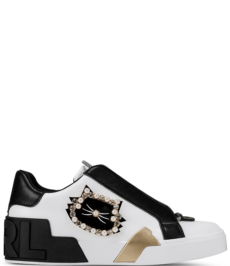 KARL LAGERFELD PARIS Madisyn Pearl Embellished Cat Applique Slip On Sneakers
