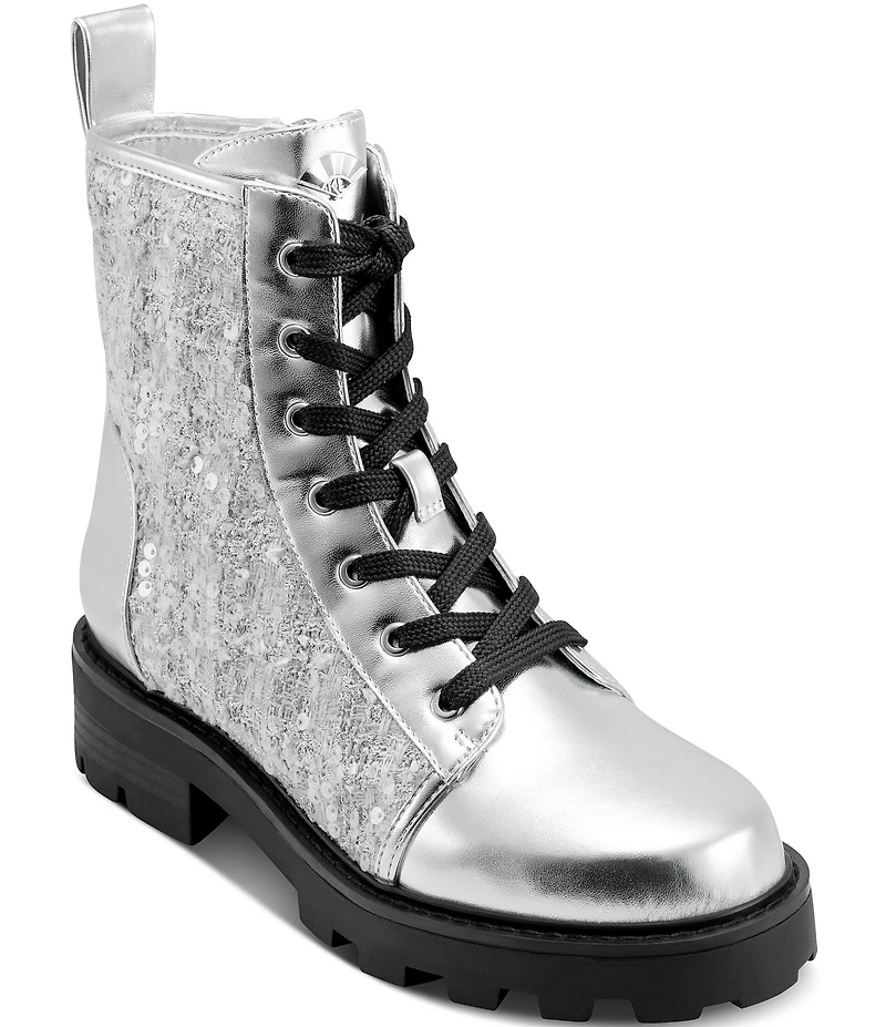 KARL LAGERFELD PARIS Marlee Sequin Lace Up Combat Booties