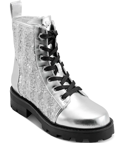 KARL LAGERFELD PARIS Marlee Sequin Lace Up Combat Booties