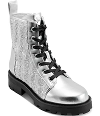 KARL LAGERFELD PARIS Marlee Sequin Lace Up Combat Booties