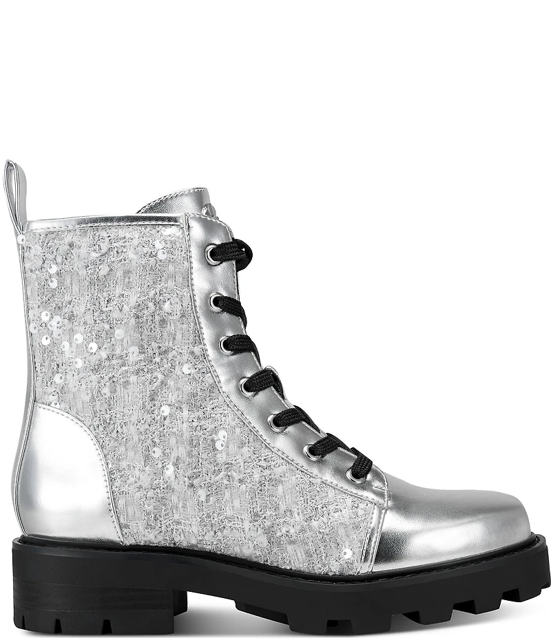 KARL LAGERFELD PARIS Marlee Sequin Lace Up Combat Booties