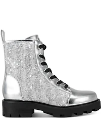 KARL LAGERFELD PARIS Marlee Sequin Lace Up Combat Booties