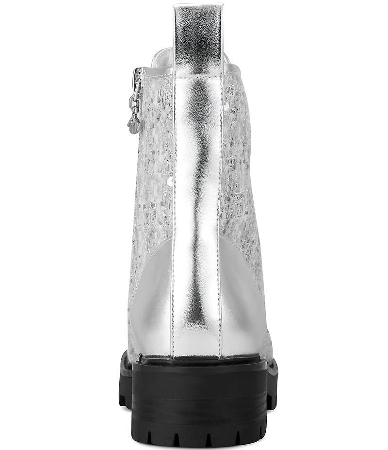 KARL LAGERFELD PARIS Marlee Sequin Lace Up Combat Booties