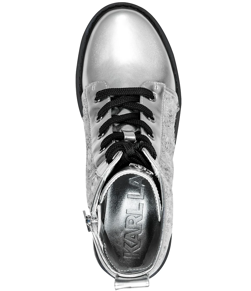 KARL LAGERFELD PARIS Marlee Sequin Lace Up Combat Booties