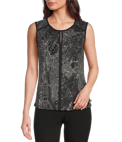 KARL LAGERFELD PARIS Matte Jersey Knit Crew Neck Sleeveless Blouse