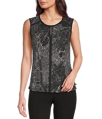 KARL LAGERFELD PARIS Matte Jersey Knit Crew Neck Sleeveless Blouse