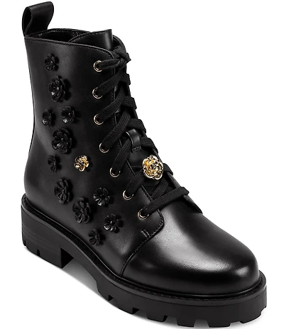 KARL LAGERFELD PARIS Mela Fleur Leather Floral Ornamented Combat Booties