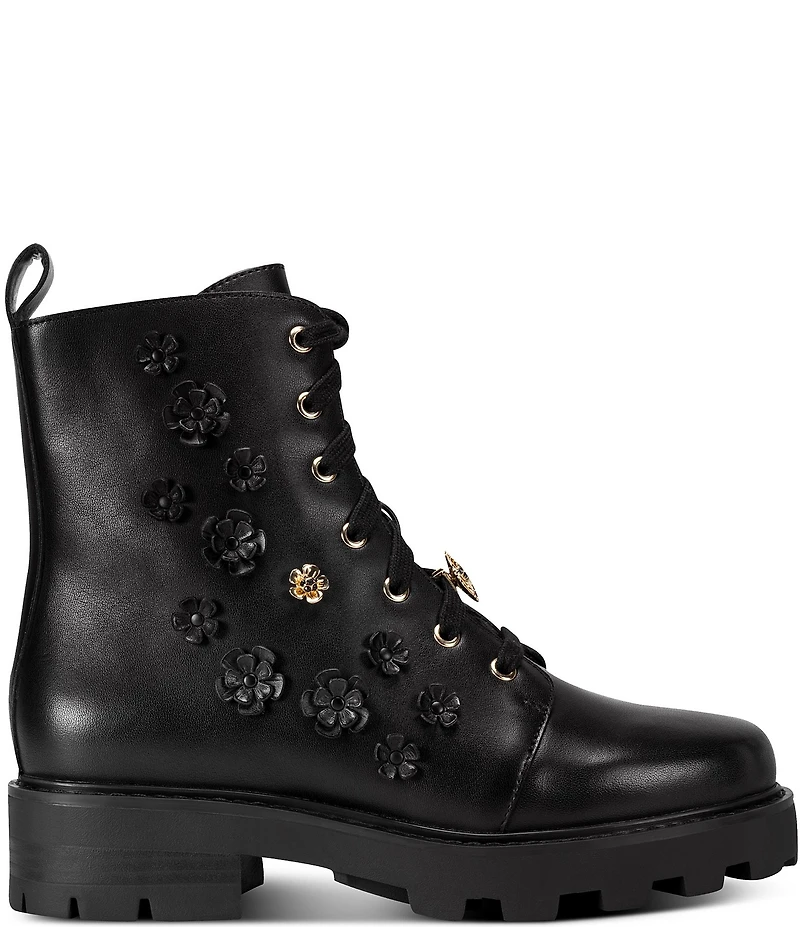 KARL LAGERFELD PARIS Mela Fleur Leather Floral Ornamented Combat Booties