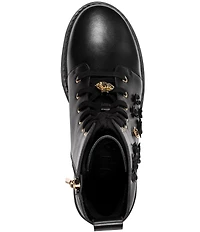 KARL LAGERFELD PARIS Mela Fleur Leather Floral Ornamented Combat Booties