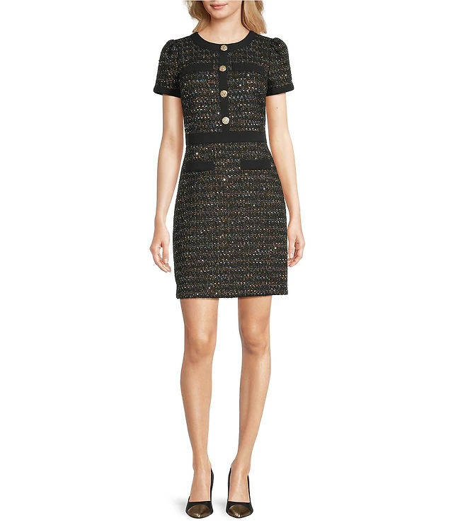 KARL LAGERFELD PARIS Metallic Brocade Wool Blend Short Sleeve Scuba Crepe Trim Sheath Dress | Liberty Center KARL LAGERFELD PARIS Metallic Brocade Wool Blend Short Sleeve Scuba Crepe Trim Sheath Dress | Liberty Center