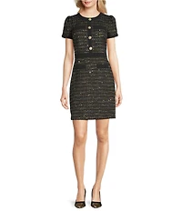 KARL LAGERFELD PARIS Metallic Brocade Wool Blend Short Sleeve Scuba Crepe Trim Sheath Dress