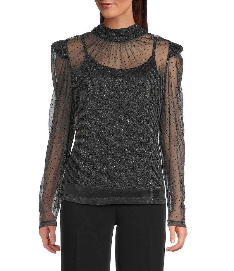 KARL LAGERFELD PARIS Metallic Mesh Knit High Neck Long Sleeve Top