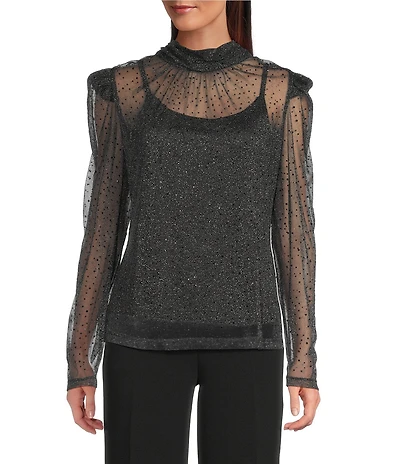 KARL LAGERFELD PARIS Metallic Mesh Knit High Neck Long Sleeve Top