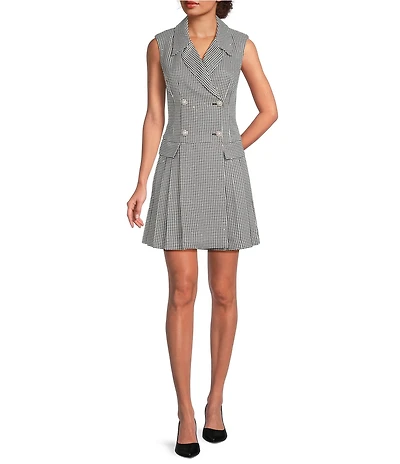 KARL LAGERFELD PARIS Mini Houndstooth Pleated Skirt Studded Blazer Dress