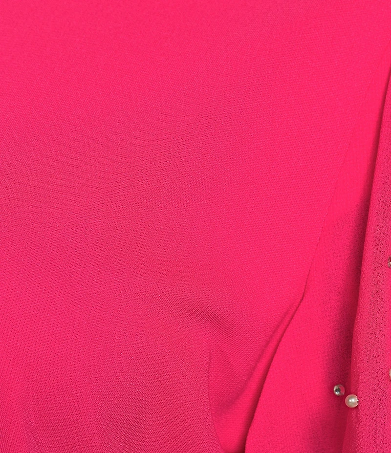 KARL LAGERFELD PARIS Mixed Media Crew Neck Short Puff Sleeve Embellished Top