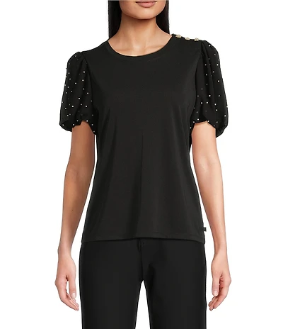 KARL LAGERFELD PARIS Mixed Media Crew Neck Short Puff Sleeve Embellished Top