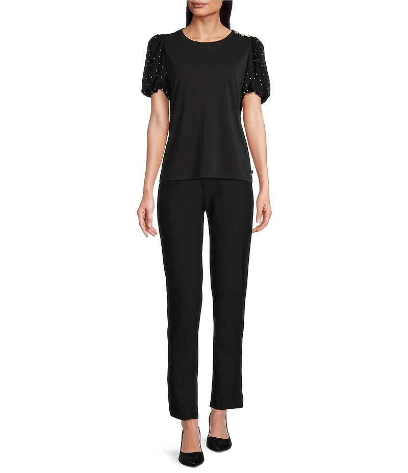 KARL LAGERFELD PARIS Mixed Media Crew Neck Short Puff Sleeve Embellished Top