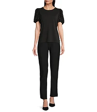 KARL LAGERFELD PARIS Mixed Media Crew Neck Short Puff Sleeve Embellished Top